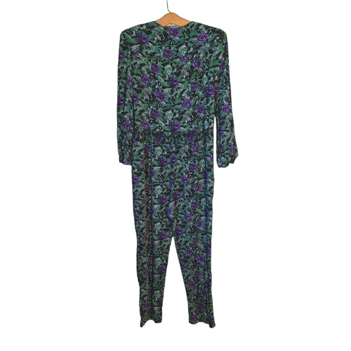 Vintage 80s/90s Purple/Green Rose Print Rayon Jumpsuit Women Size S/M - themallvintage The Mall Vintage