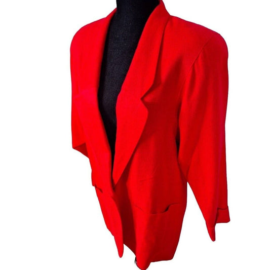 Vintage 80s/90s Red Rayon Linen Power Blazer Women Medium 8 - themallvintage The Mall Vintage 1980s Blazers Business Casual