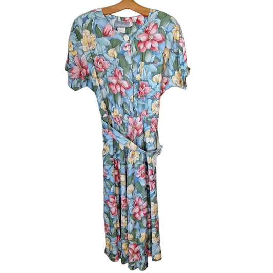 Vintage 80s/90s Tropical Floral Rayon Maxi Dress w/Belt Women Size 14/16 - themallvintage The Mall Vintage