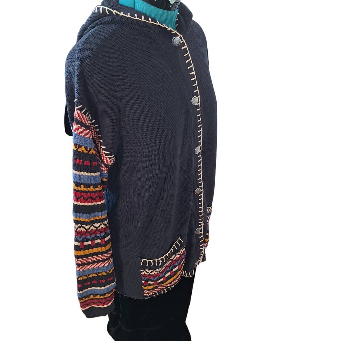 Vintage 90s All Cotton Boxy Hooded Cardigan Sweater Women's L/XL (Chest 52"+) - themallvintage The Mall Vintage