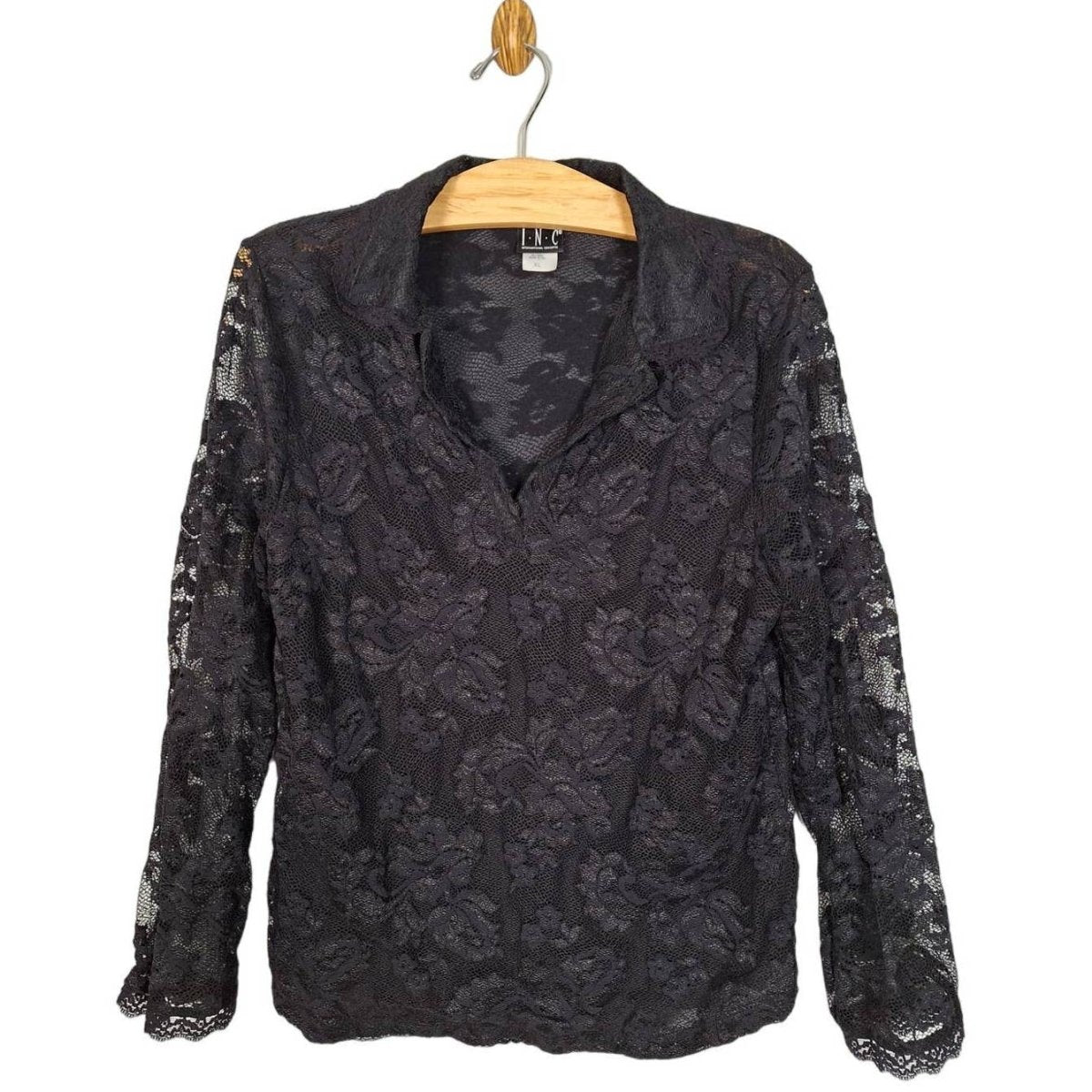 Vintage 90s Black Lace Stretch Blouse Size XL Chest 40" to 48" - themallvintage The Mall Vintage