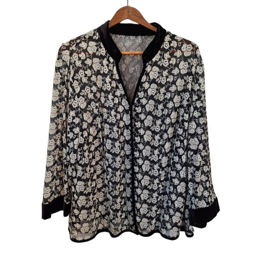 Vintage 90s Black Mesh Floral Embroidered Blouse Women's Size 18 1X/2X - themallvintage The Mall Vintage 1990s Capsule New Arrival