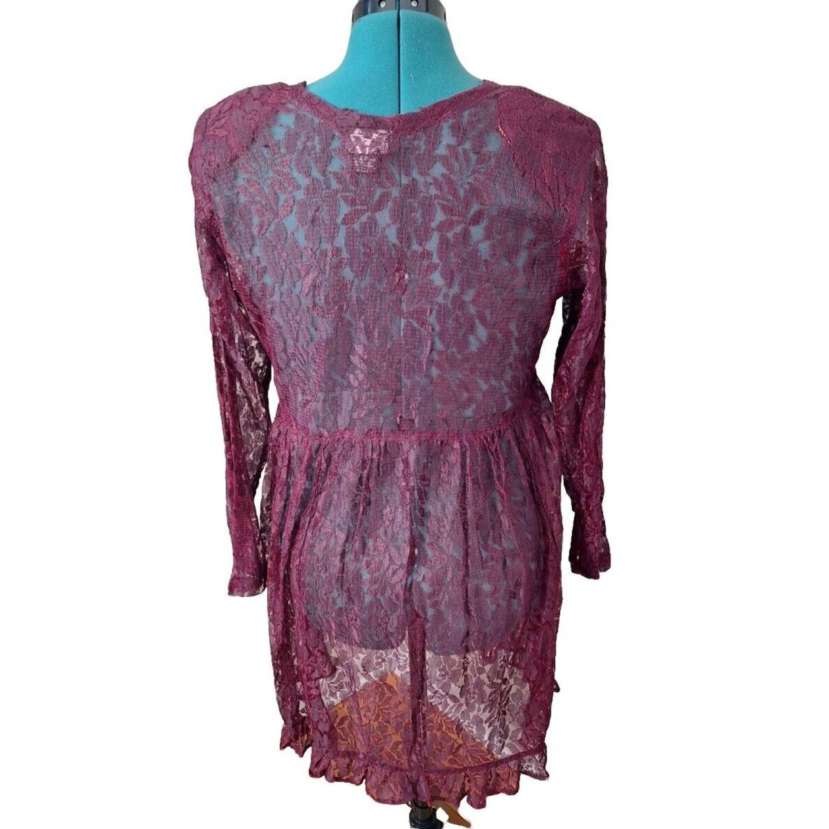 Vintage 90s Oxblood Sheer Lace Babydoll Dress Women's Size Medium - themallvintage The Mall Vintage
