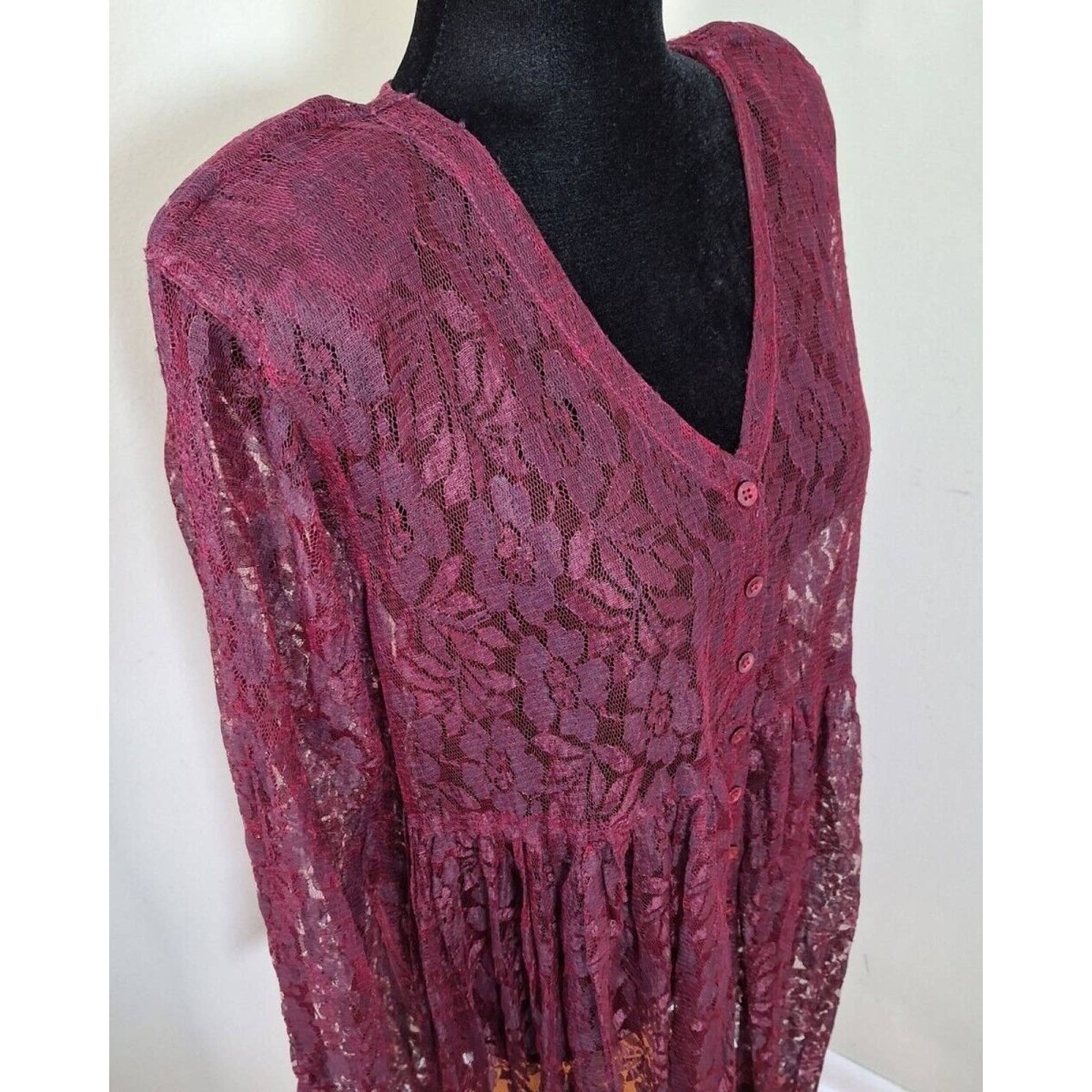Vintage 90s Oxblood Sheer Lace Babydoll Dress Women's Size Medium - themallvintage The Mall Vintage