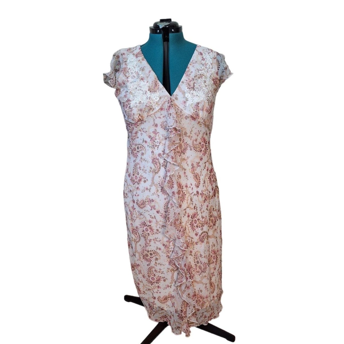 Vintage 90s/Y2K Cream & Pink Paisley Sheer Layer Midi Dress Women Size 14 L/XL - themallvintage The Mall Vintage