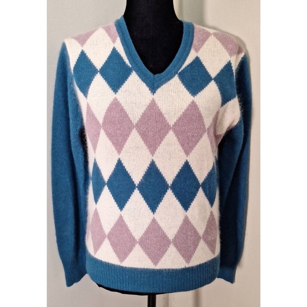 Vintage Argyle Angora Sweater, Size Medium - themallvintage The Mall Vintage