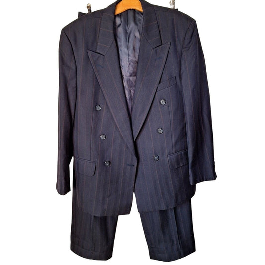Vintage Burberry's Double Breasted Navy Blue Pinstripe Pant Suit Men 40R 29x29 Women Medium - themallvintage The Mall Vintage