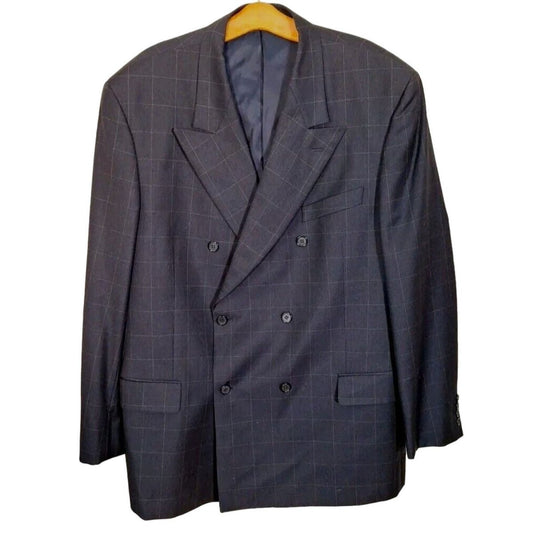 Vintage Valentino Windowpane Double Breasted Blazer Jacket Men Size 48L Women 2X - themallvintage The Mall Vintage