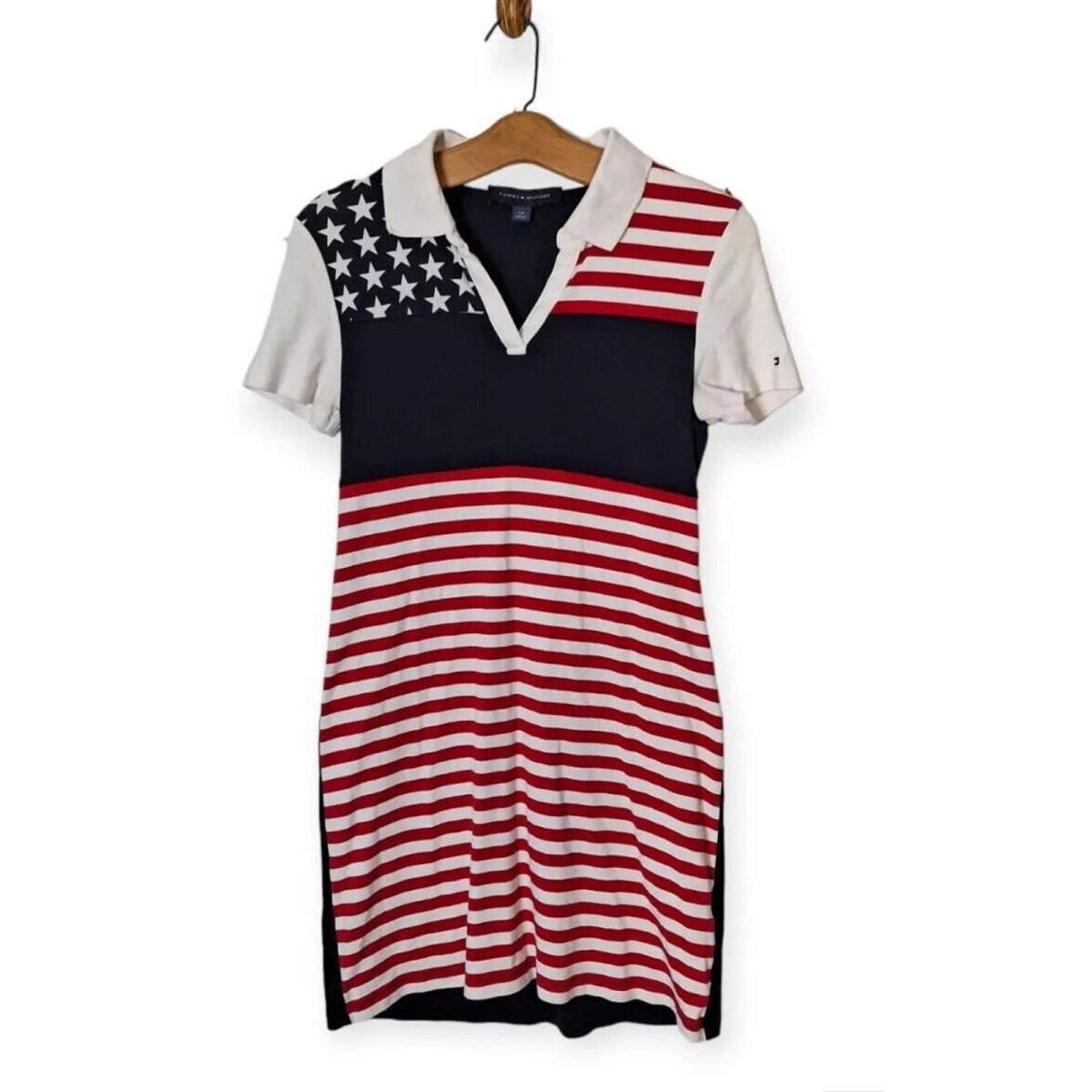 Y2K Tommy Hilfiger Micro Mini Shirt Dress Red Blue Stars Stripes Women Small - themallvintage The Mall Vintage